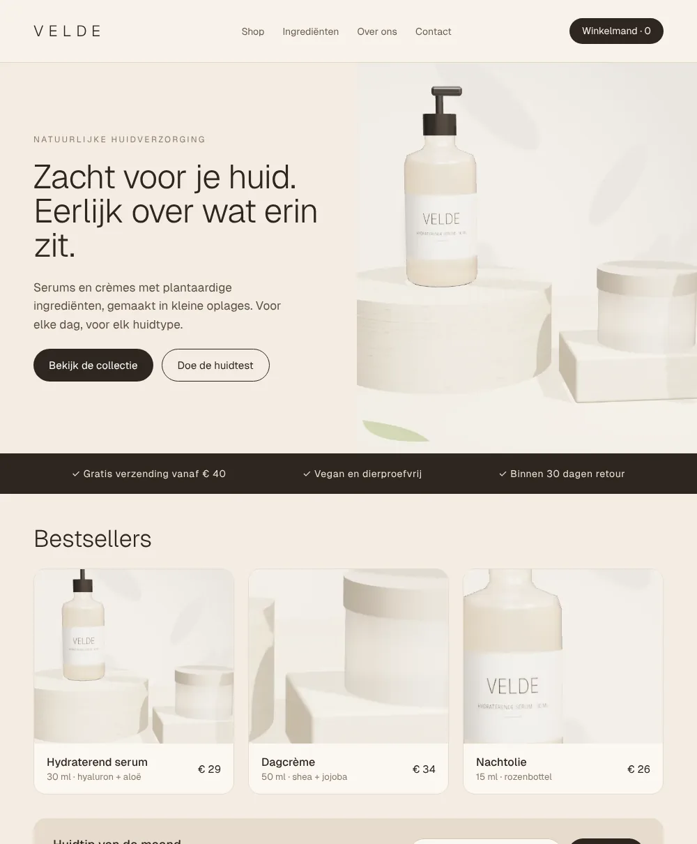 Voorbeeldwebsite van Velde, een verzonnen merk